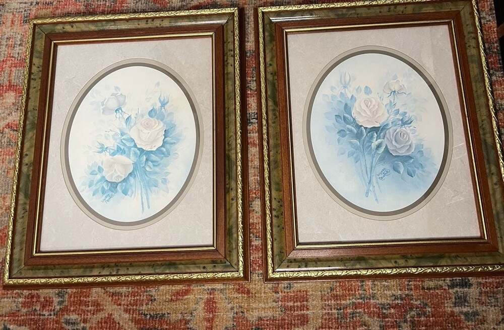 Wyona Newton Framed Blue and White Rose Floral Prints, Set of 2